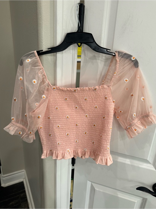 Altar'd State Tops - Altar'd State Blush Pink Daisy Embroidered Smocked Crop Top